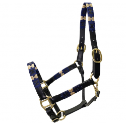 Cavezza Winner COVER H DESIGN con ricami nei colori oro e blu. Dotata di doppia fibbia ed accessori nichelati.