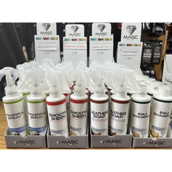 Mini Confezioni Prodotti per cavalli Masc Comodissime e pratiche.. 150 Ml. Insetticida, Shampoo, Sapone per cuoio, Districante.