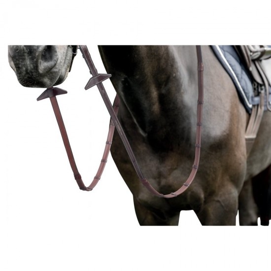 Redini equitazione monta inglese Prestige in gomma e cuoio bombate, modello E146, con 7 stopper da 22 mm con ricami e olive incorporate.