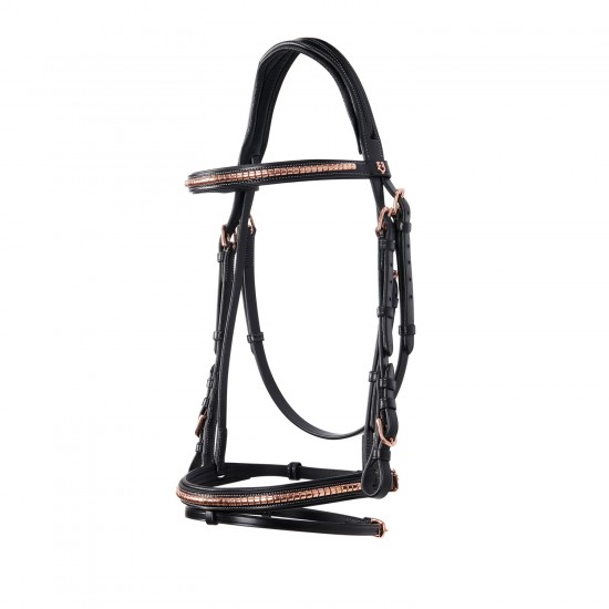 TESTIERA IN CUOIO PER CAVALLO MONTA INGLESE EQUESTRO CLINCHER GOLD SENZA REDINI 