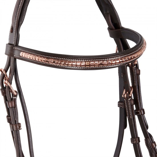 TESTIERA IN CUOIO PER CAVALLO MONTA INGLESE EQUESTRO CLINCHER GOLD SENZA REDINI 