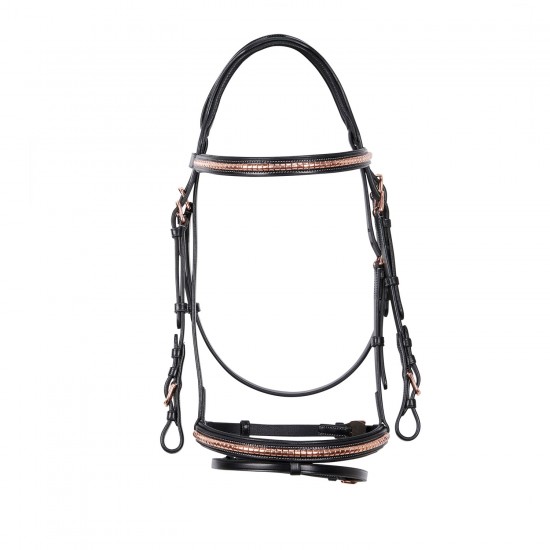 TESTIERA IN CUOIO PER CAVALLO MONTA INGLESE EQUESTRO CLINCHER GOLD SENZA REDINI 