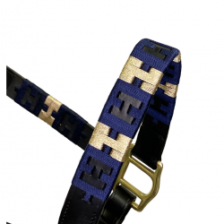 Cavezza Winner COVER H DESIGN con ricami nei colori oro e blu. Dotata di doppia fibbia ed accessori nichelati.