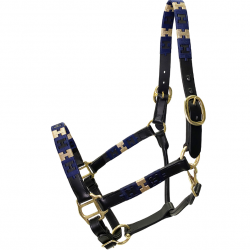 Cavezza Winner COVER H DESIGN con ricami nei colori oro e blu. Dotata di doppia fibbia ed accessori nichelati.