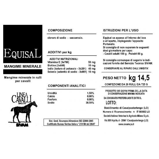 Sale per cavallo integratore minerale in rullo Equisal 750G.