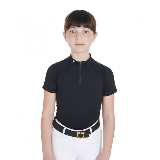 POLO COLLO COREANA EQUITAZIONE MONTA INGLESE DA GARA IN TESSUTO TECNICO EQUESTRO BIMBA MANICA CORTA TRAFORATA ANGOLAREE ZIP