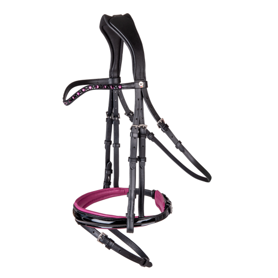 TESTIERA MONTA INGLESE  WALDHAUSEN X-LINE CRANBERRY IN CUOIO ANATOMICA CON REDINI- Frontalino sagomato con preziosi strass