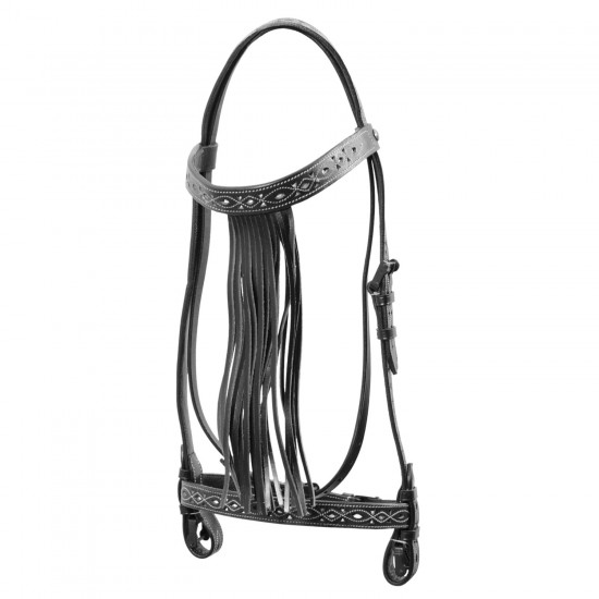 BRIGLIA VAQUERA C/FRANGE E RIPORTI BIANCHI CUOIO NERA