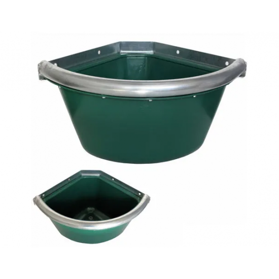 Mangiatoia da scuderia per cavallo angolare in plastica con bordo in ferro zincato e tappino sul fondo per la pulizia.