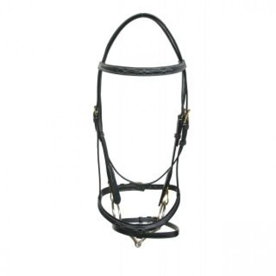 Testiera Daslö (acciaio inox)In cuoio con impuntura decorativa su frontalino e capezzina, capezzina inglese con stringibocca.