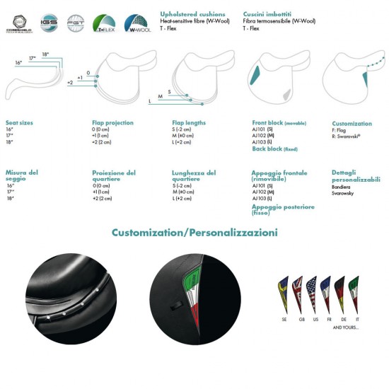 Sella da salto TALENT EQUILINE in morbido cuoio liscio o stampato, questa sella presenta seggio medio profondo e cuscini liberi imbottiti in morbido materiale sintetico T-Flex.