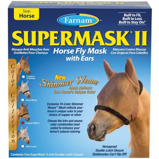 Maschera super resistente per cavallo antinsetti Supermask II CR W/orecchie bordo in ecopelliccia colore Cheetah Leopardata 