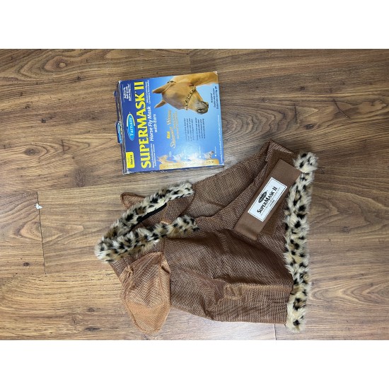 Maschera super resistente per cavallo antinsetti Supermask II CR W/orecchie bordo in ecopelliccia colore Cheetah Leopardata 