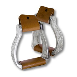 Coppia di staffe per cavallo western in alluminio con panca rivestita in cuoio e decorazioni laterali.