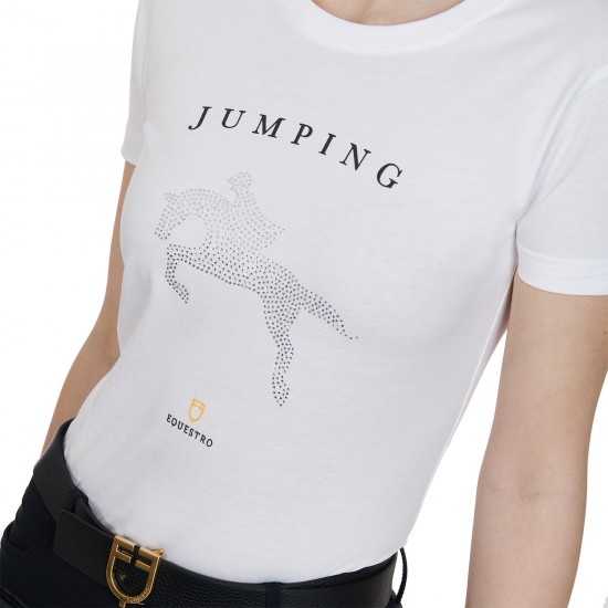 T-shirt equitazione Donna in cotone Equestro Jumping con strass. colori nero e bianco