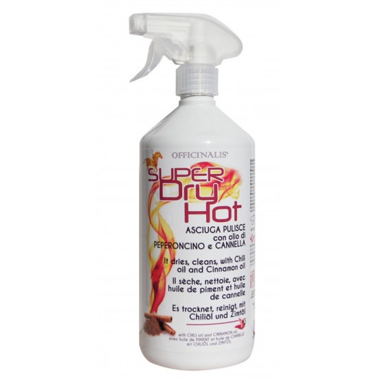 SUPER DRY HOT OFFICINALIS SPRAY CANNELLA E PEPERONCINO 1000 ml  SCIUGA E PULISCE IL MANTELLO DEL CAVALLO CURA DEL PELO 
