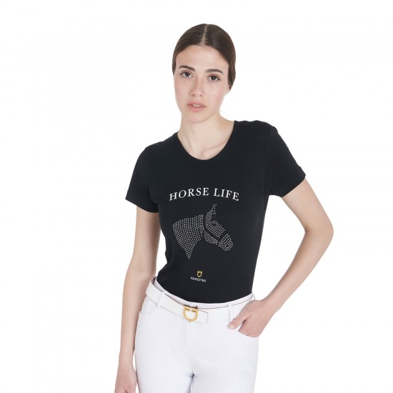 Equestro T-shirt diamonds horse life donna cotone T-shirt donna slim fit in cotone a mezza manica rappresenta la perfetta unione tra comodità ed eleganza grazie ai suoi dettagli.