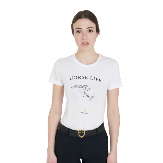 Equestro T-shirt diamonds horse life donna cotone T-shirt donna slim fit in cotone a mezza manica rappresenta la perfetta unione tra comodità ed eleganza grazie ai suoi dettagli.